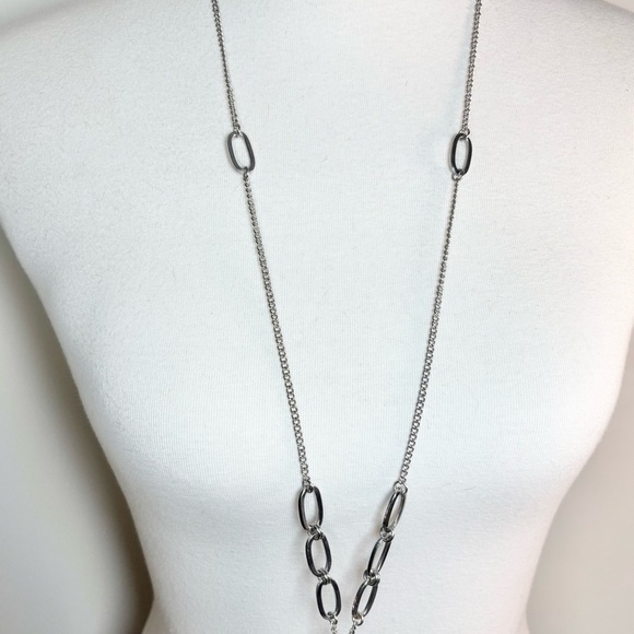 Silver Tone Necklace with Blue Acrylic Teardrop Pendant, [22” Matinee Length] - Picture 2 of 6